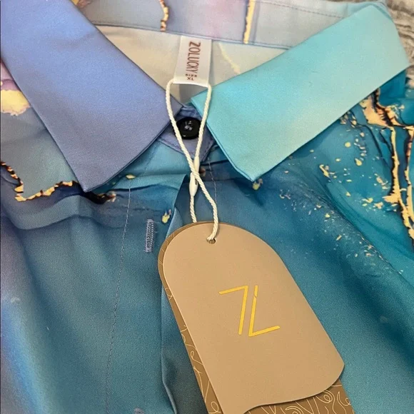 Zolucky Brand Blue and Gold Abstract Button-Up Shirt - Picture 2 of 9